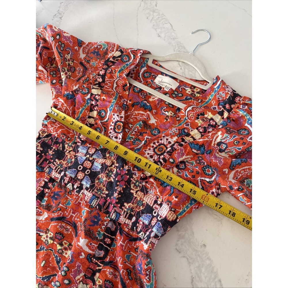 Anthropologie Paisley Midi Dress Womens 6 Orange Red Boho Puff Sleeve Side Slit - Picture 8 of 10